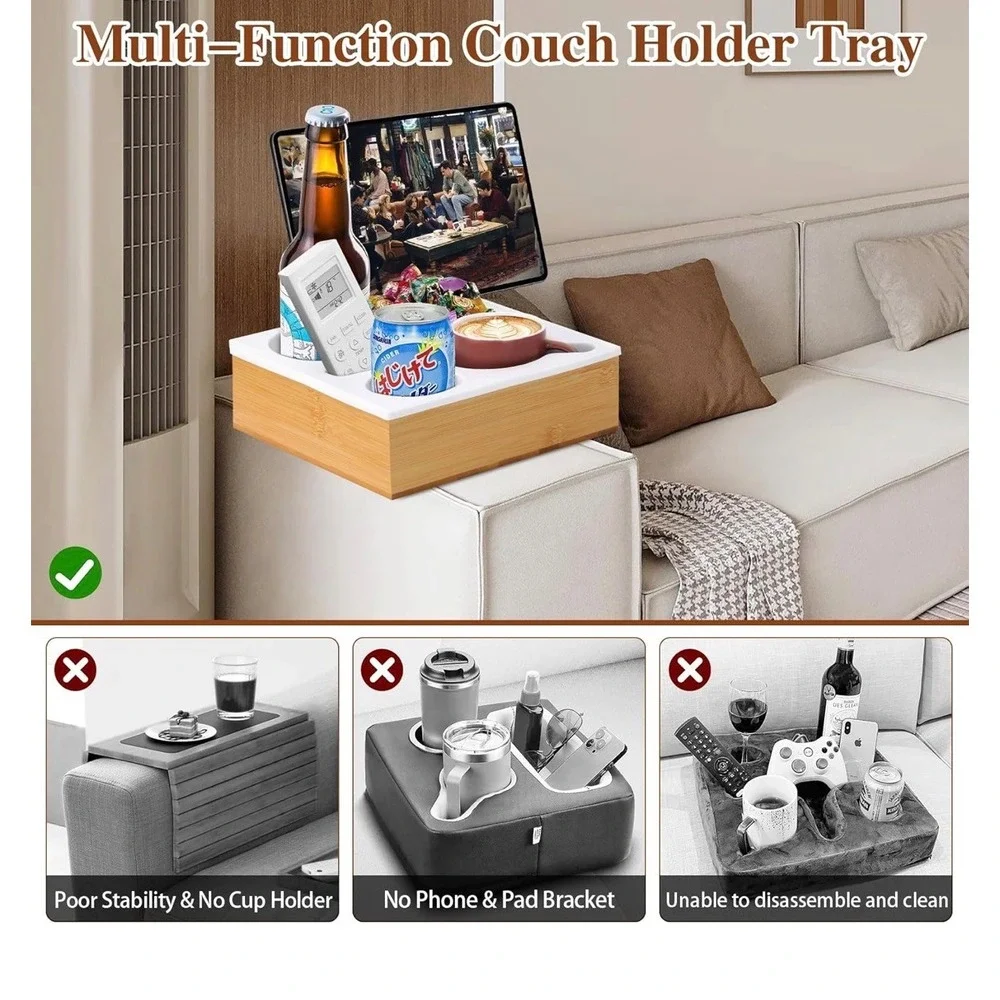 White Bamboo Couch Caddy Tray Rotatable Holder Snack Drink Remote‎ Organizer